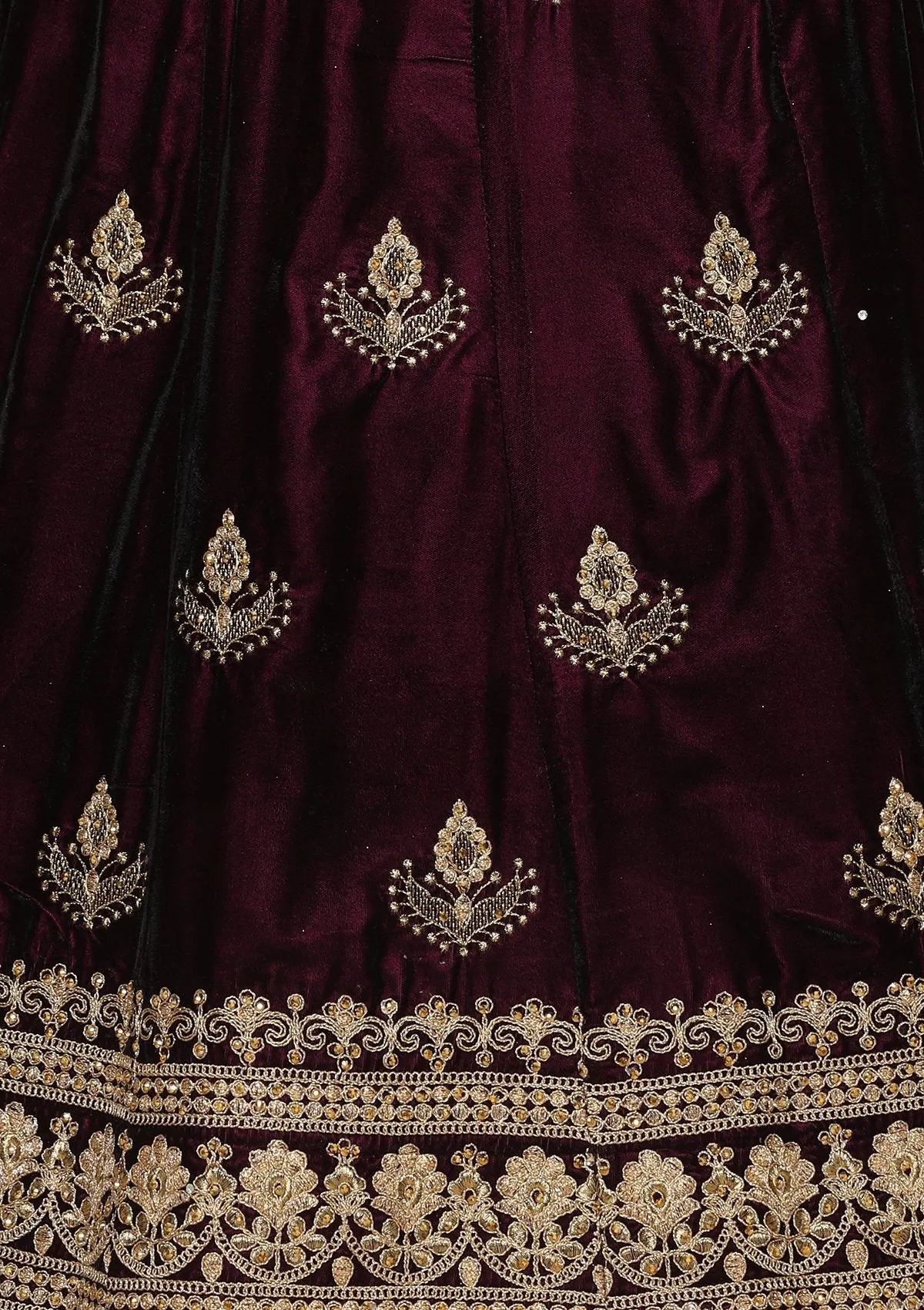 Wine Red Stone Work Velvet Semi Stitched Lehenga