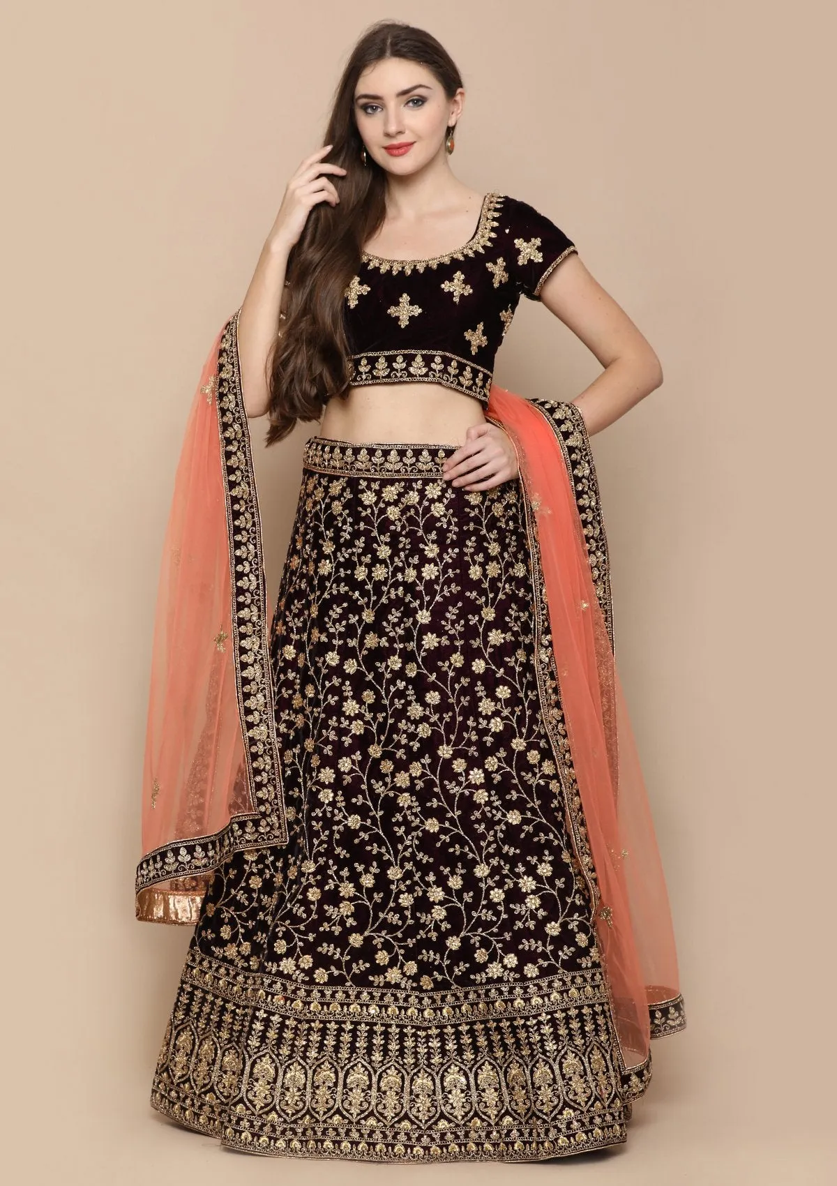 Wine Red Thread Work Velvet Semi Stitched Lehenga