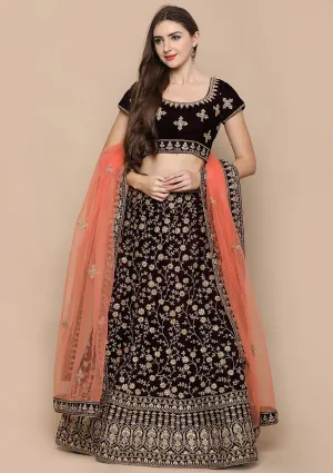 Wine Red Thread Work Velvet Semi Stitched Lehenga