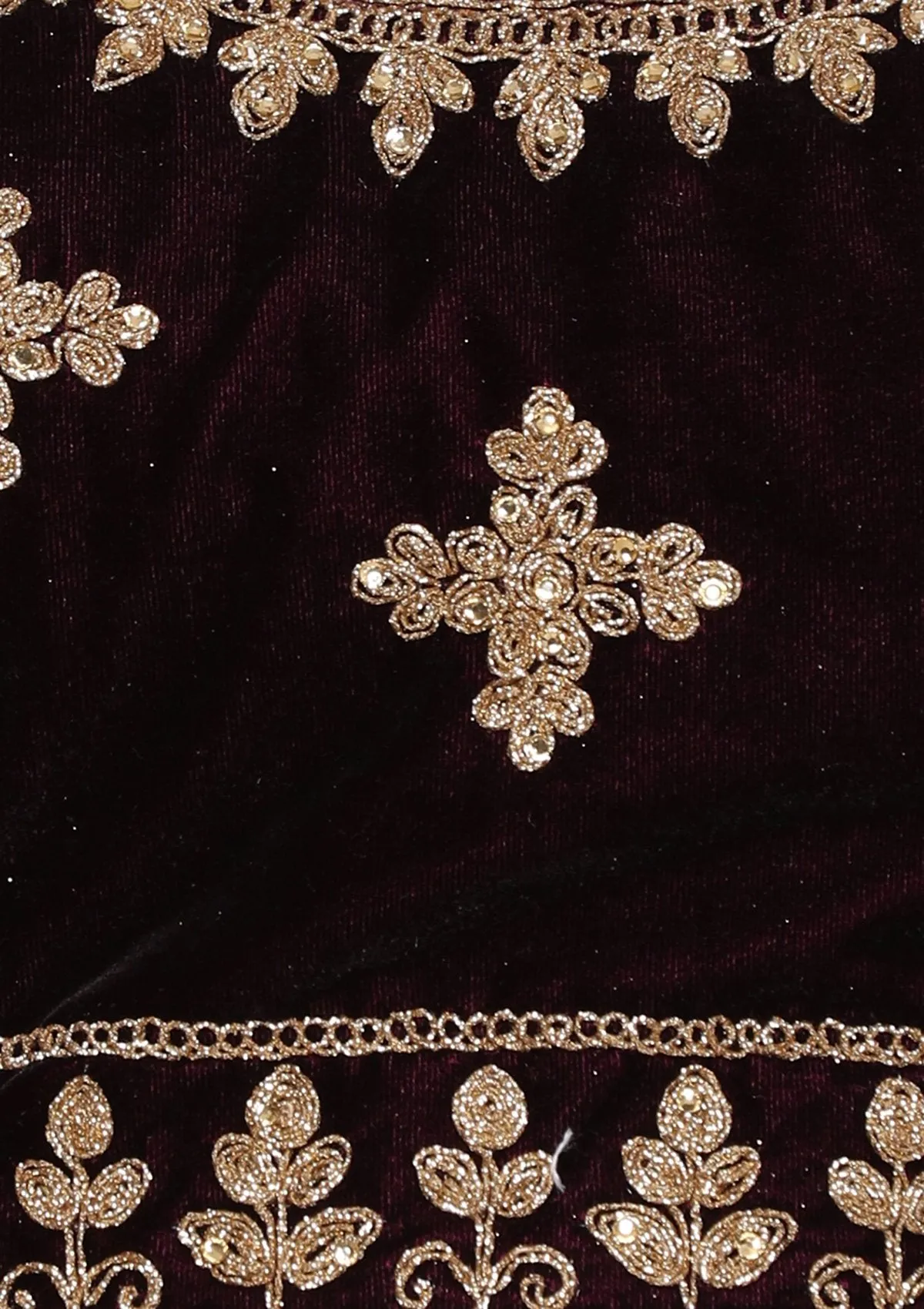 Wine Red Thread Work Velvet Semi Stitched Lehenga