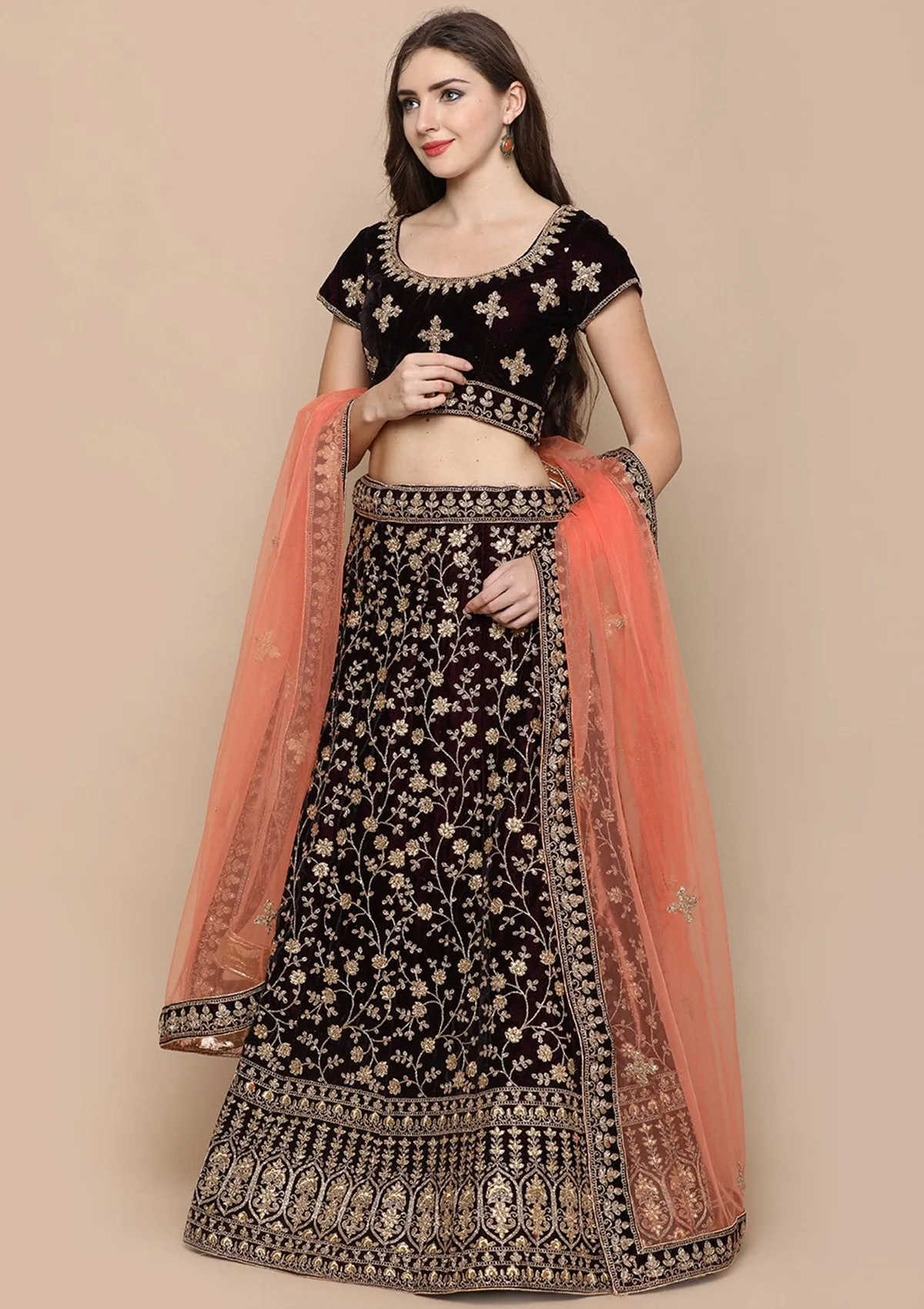 Wine Red Thread Work Velvet Semi Stitched Lehenga