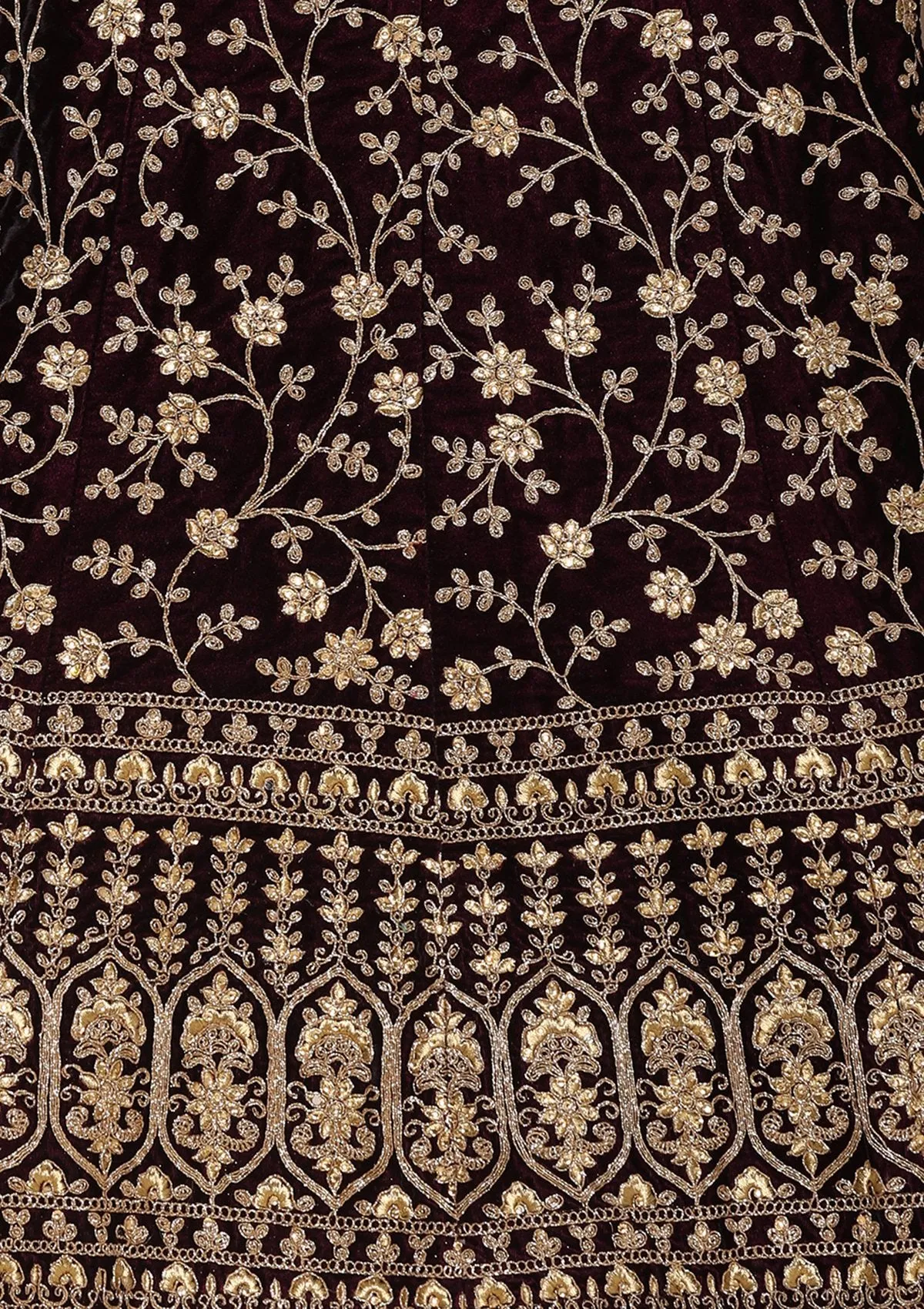 Wine Red Thread Work Velvet Semi Stitched Lehenga
