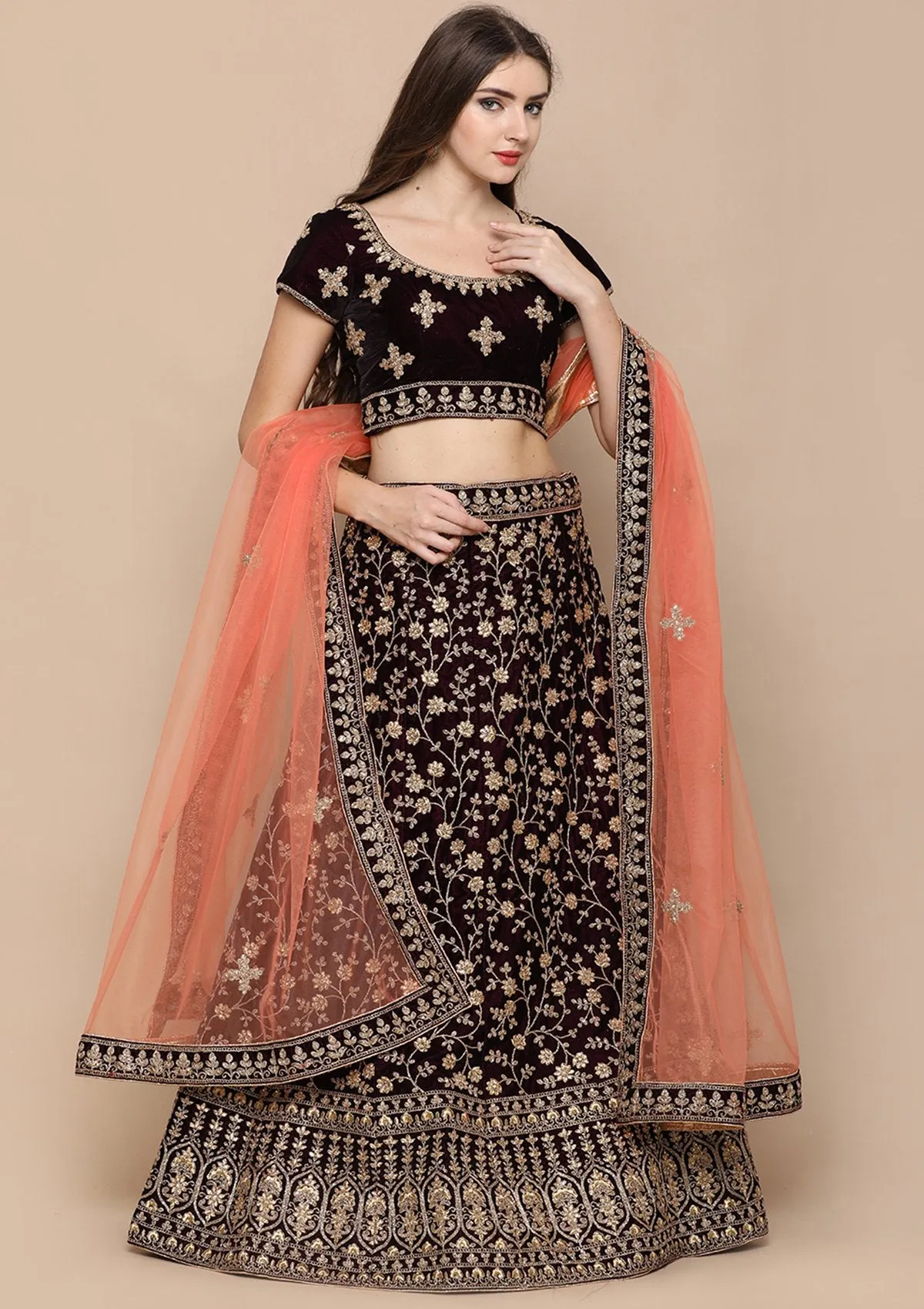 Wine Red Thread Work Velvet Semi Stitched Lehenga