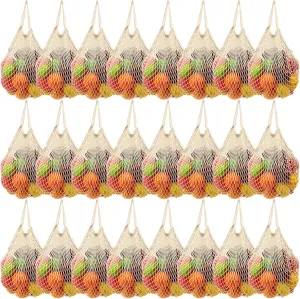 Woanger 24 Pcs Reusable Cotton Mesh Produce Shopping Bags Washable Grocery Net Portable Fruit and Vegetable Cotton String Bags Long Handle Net Tote Organizer(Short Handle)