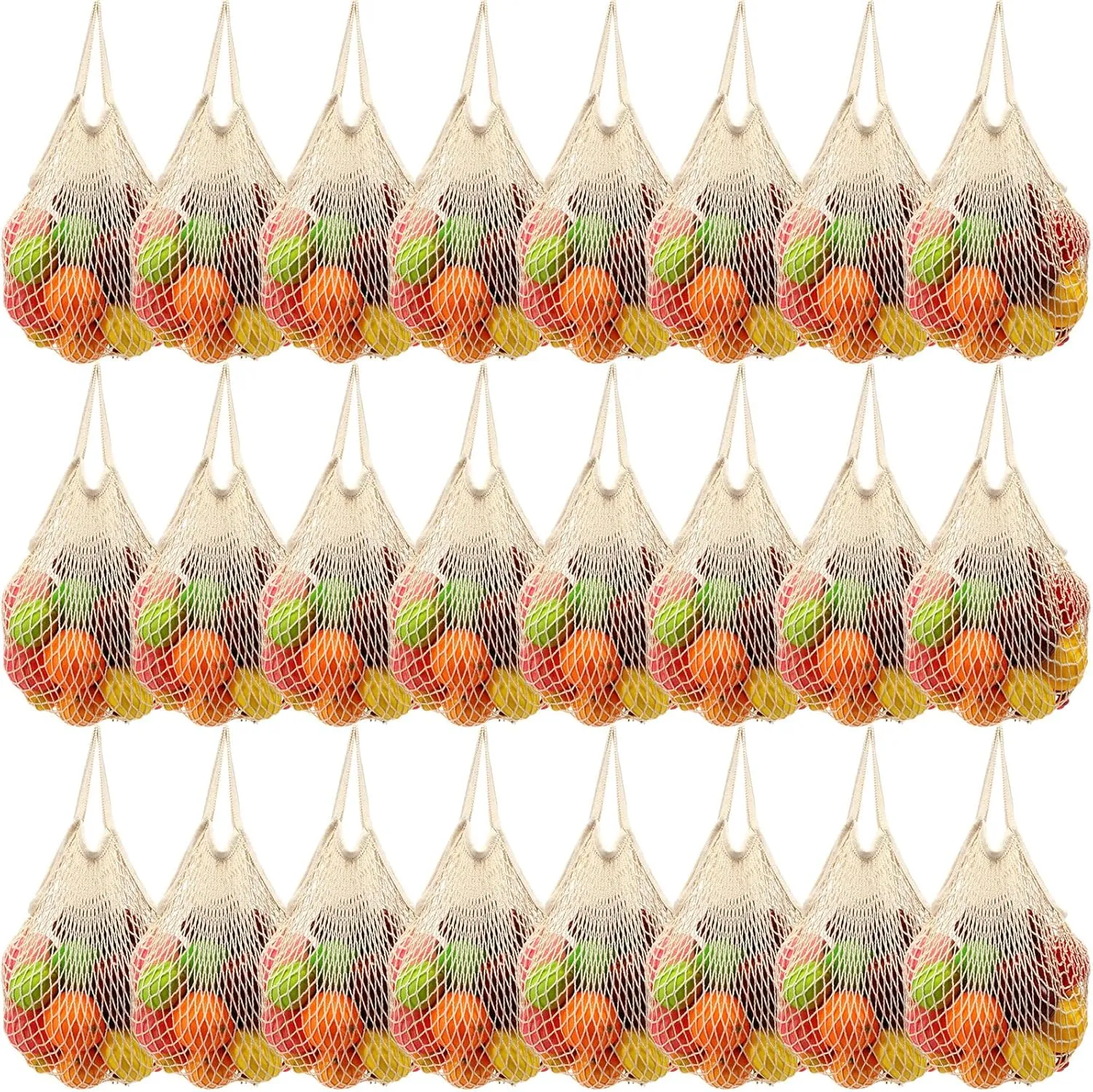 Woanger 24 Pcs Reusable Cotton Mesh Produce Shopping Bags Washable Grocery Net Portable Fruit and Vegetable Cotton String Bags Long Handle Net Tote Organizer(Short Handle)