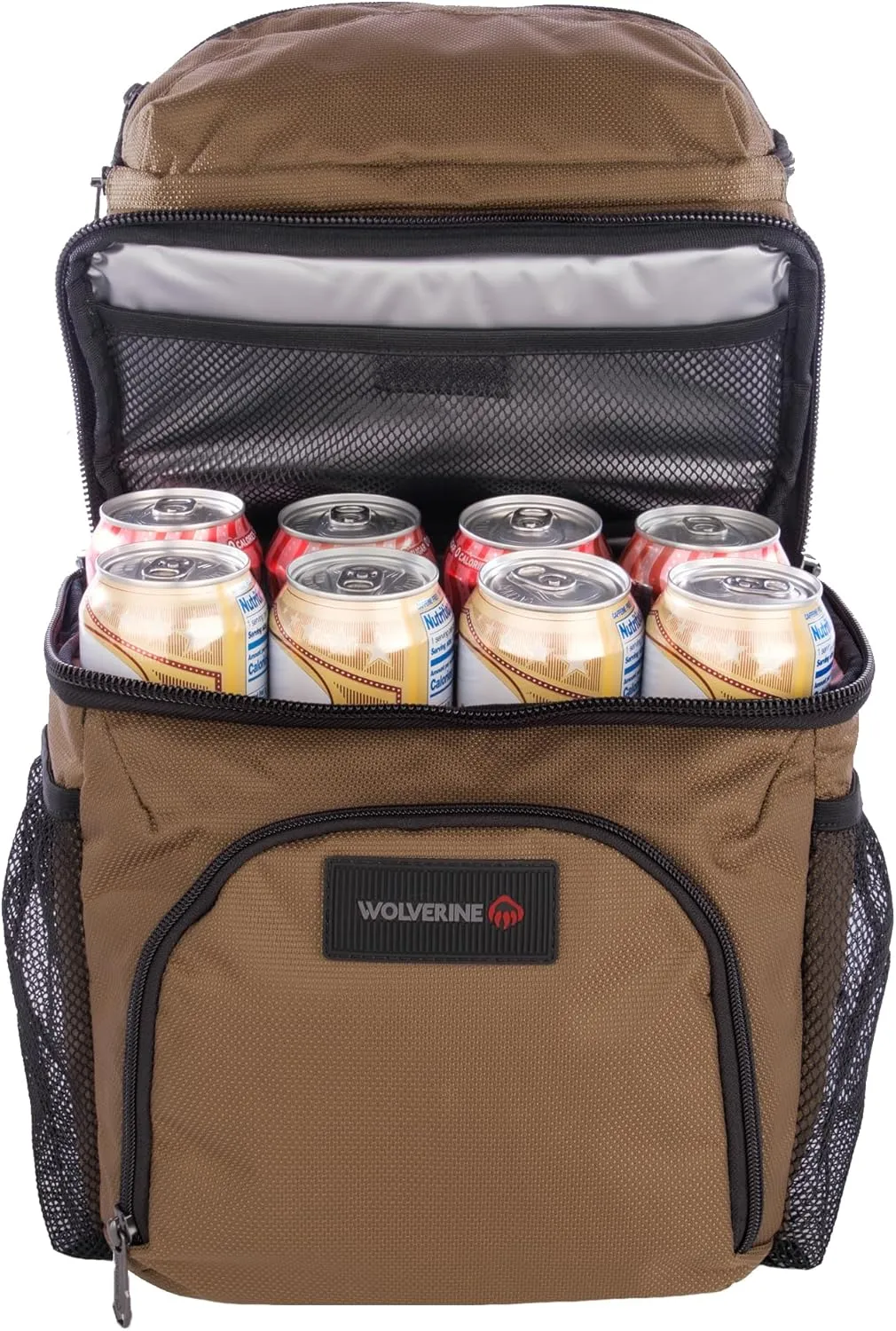 Wolverine 36 Can Cooler Backpack with Durable Nailhead Nylon, Dual Compartment Cooler & Dry Storage, Padded Mesh Back Panel, & Exterior Water Bottle Pockets