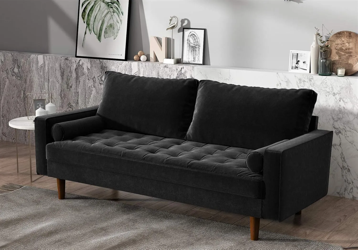 Womble Velvet Upholstered Living Room Diamond Tufted Chesterfield Sofa with Gleaming Nailheads, Midnight