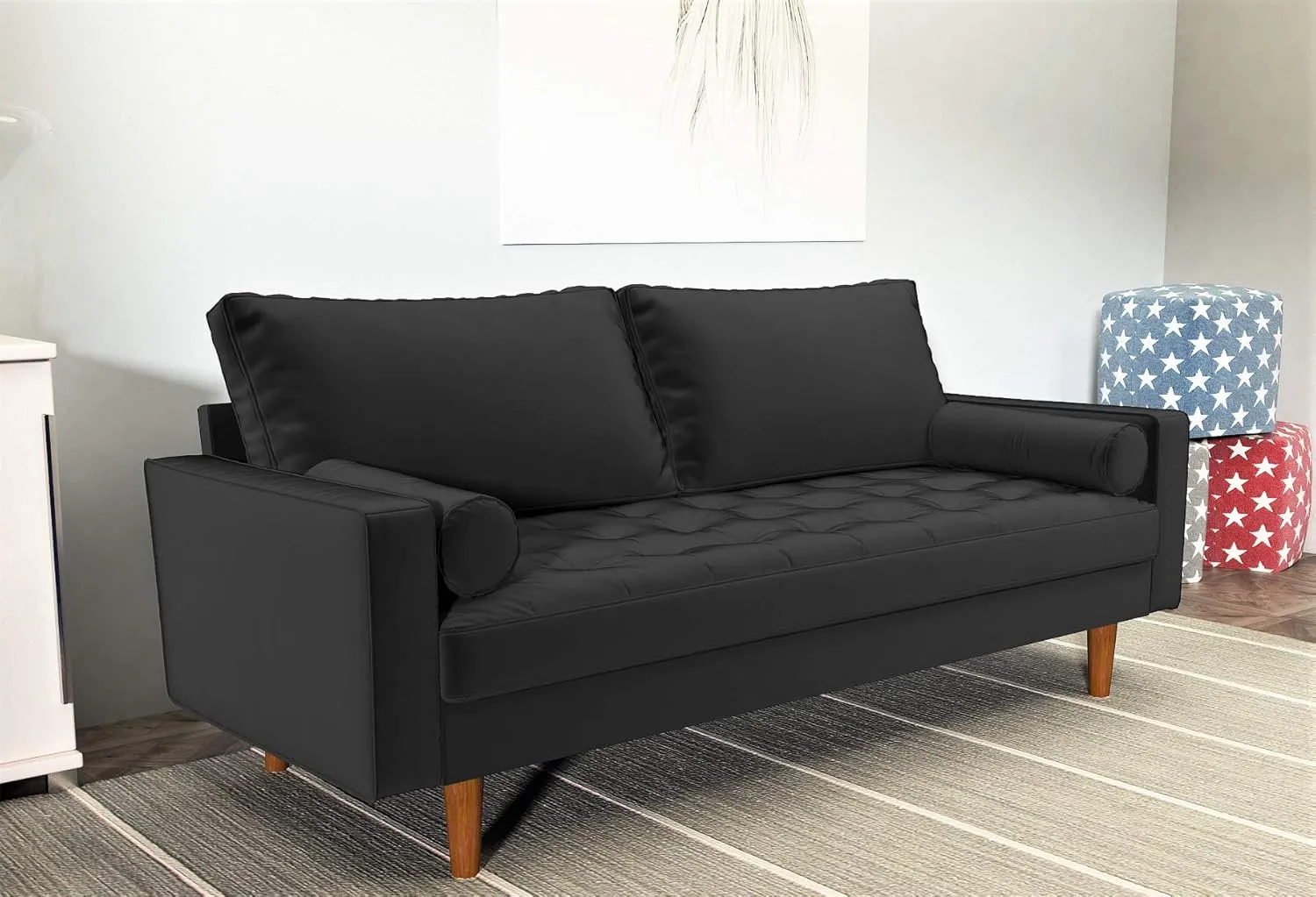 Womble Velvet Upholstered Living Room Diamond Tufted Chesterfield Sofa with Gleaming Nailheads, Midnight