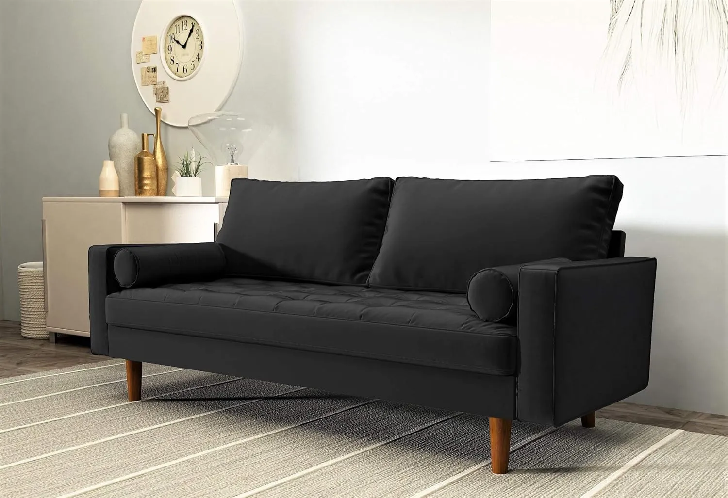 Womble Velvet Upholstered Living Room Diamond Tufted Chesterfield Sofa with Gleaming Nailheads, Midnight