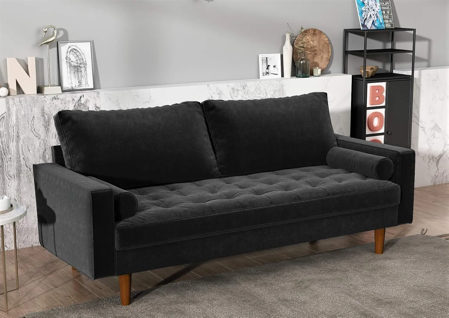 Womble Velvet Upholstered Living Room Diamond Tufted Chesterfield Sofa with Gleaming Nailheads, Midnight