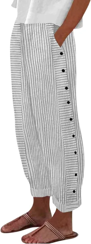 Women Capri Pants Drawstring Elastic Waisted Side Button Lounge Pant Trendy Solid Straight Leg Trousers with Pocket