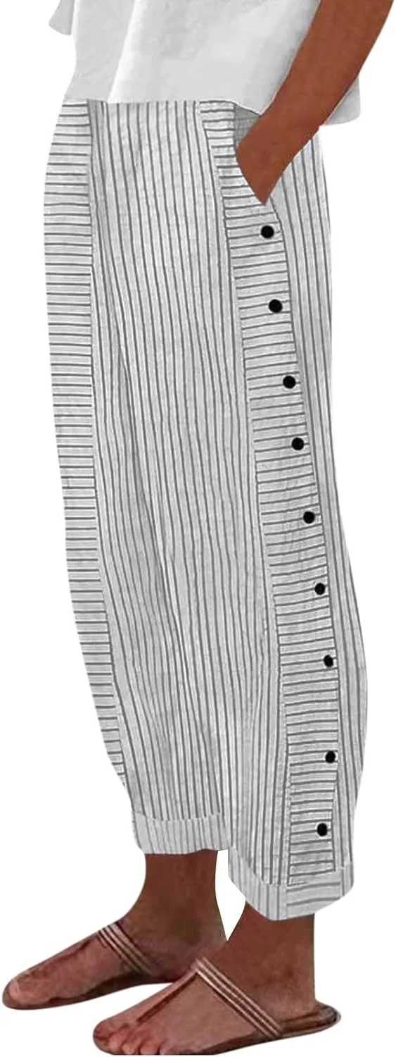 Women Capri Pants Drawstring Elastic Waisted Side Button Lounge Pant Trendy Solid Straight Leg Trousers with Pocket