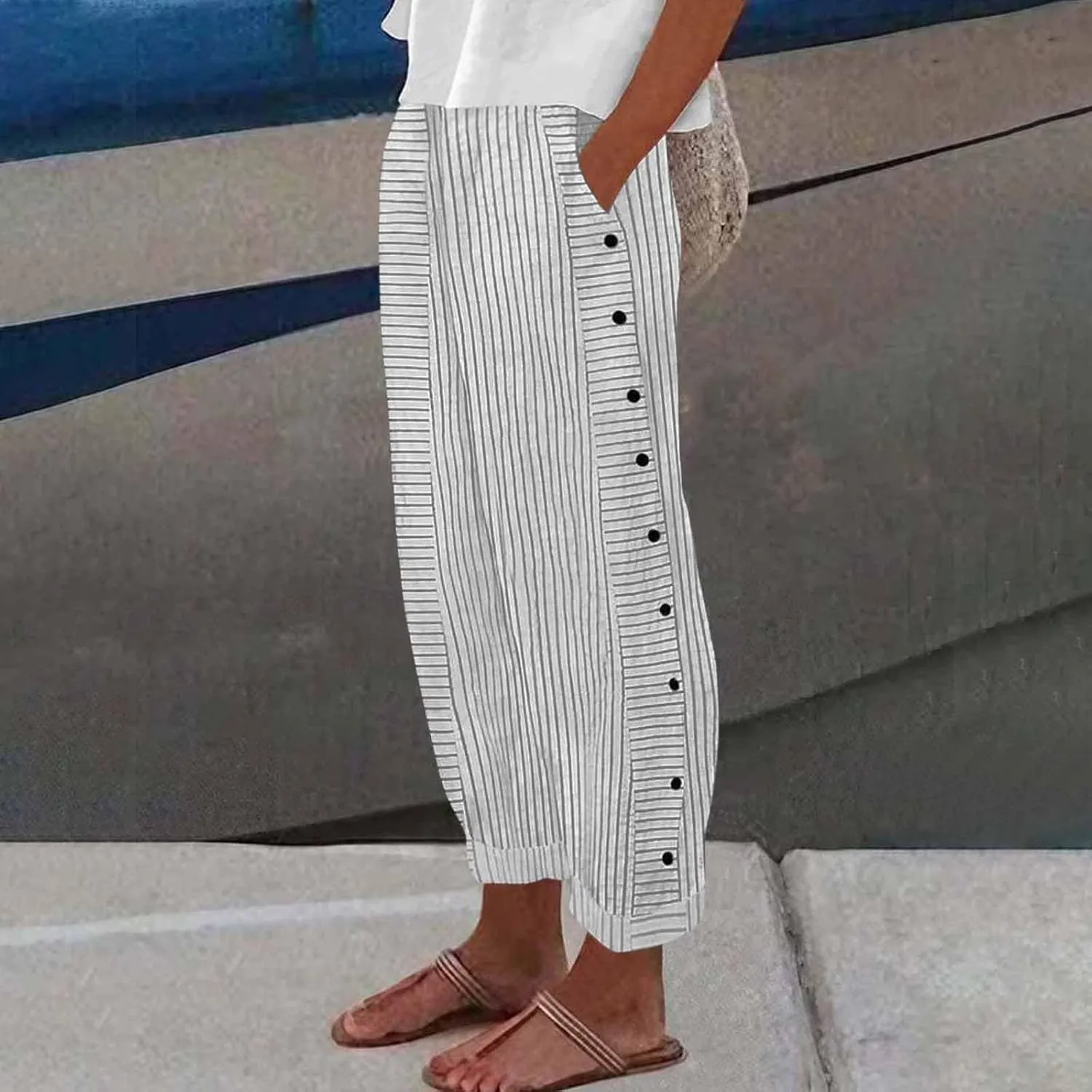 Women Capri Pants Drawstring Elastic Waisted Side Button Lounge Pant Trendy Solid Straight Leg Trousers with Pocket
