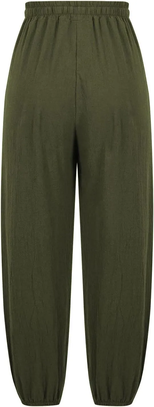 Women Cotton Linen Pants for Summer High Waisted Comfy Loose Casual Pant Trendy Graphic Printed Pants with Pockets