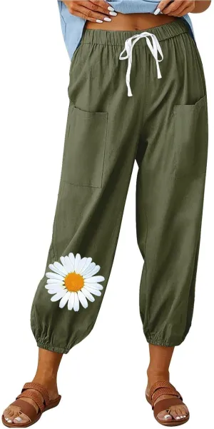 Women Cotton Linen Pants for Summer High Waisted Comfy Loose Casual Pant Trendy Graphic Printed Pants with Pockets
