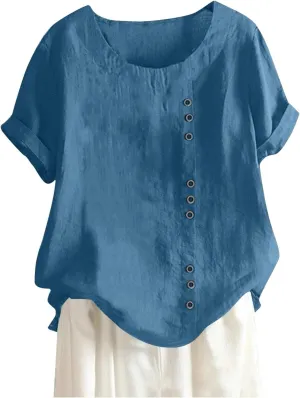 Women Cotton Linen Short Sleeve Shirts Summer Boho Floral Print Blouses Casual Button Loose Tunic Tops