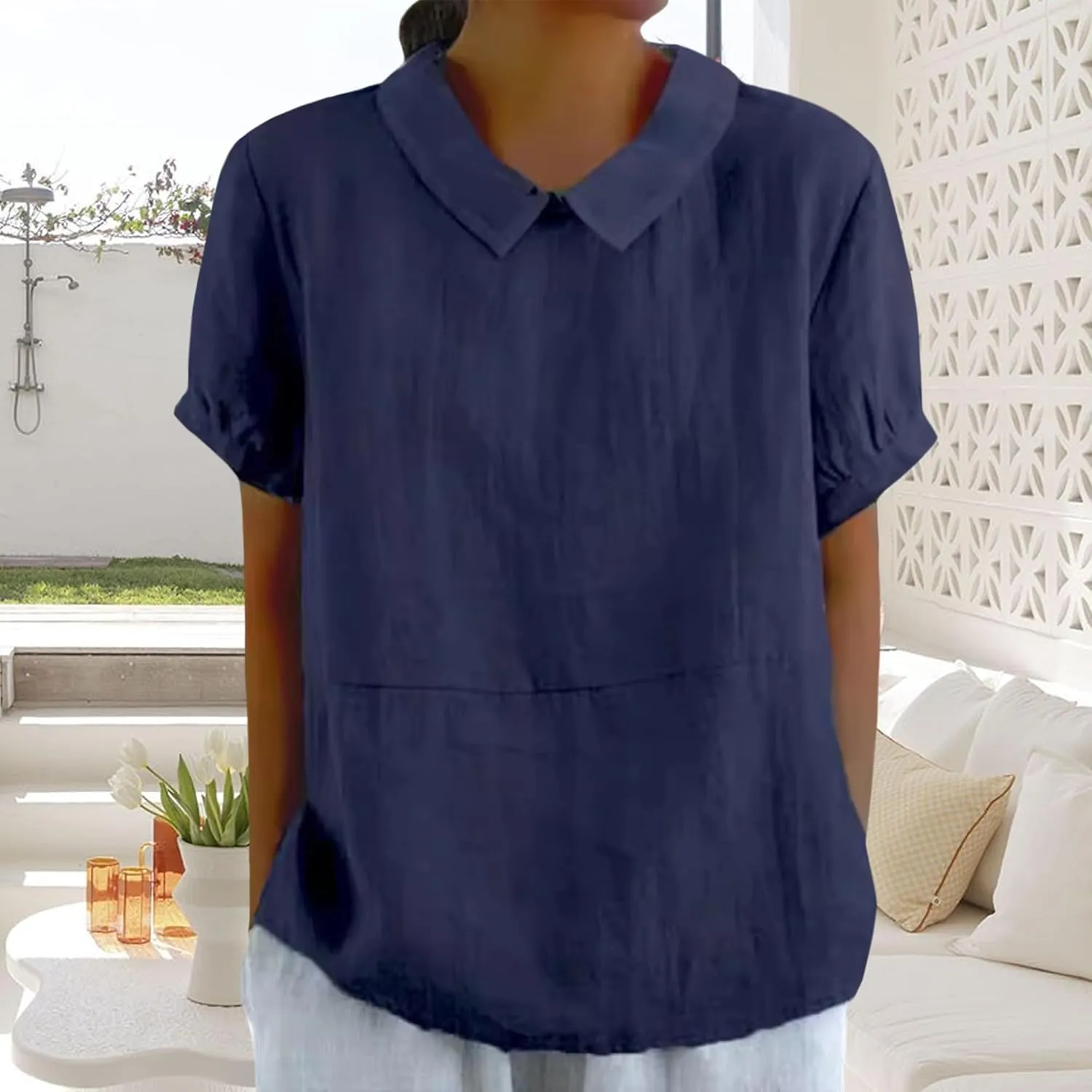 Women Cotton Linen Tops Summer Solid Collared Short Sleeve Shirt Casual Loose Tunic Tops Blouses 2024