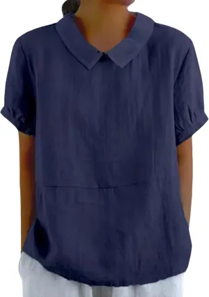 Women Cotton Linen Tops Summer Solid Collared Short Sleeve Shirt Casual Loose Tunic Tops Blouses 2024