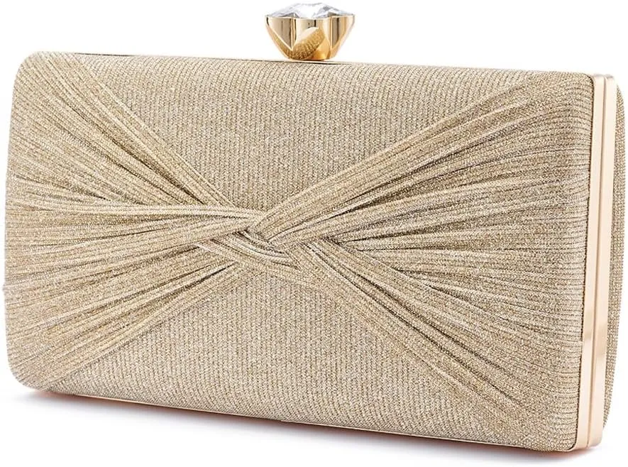 Women Dazzling Pleated Evening Clutch Bag Glitter Pleated Bow Handbag Wedding Purse Party Bag Formal Clutches