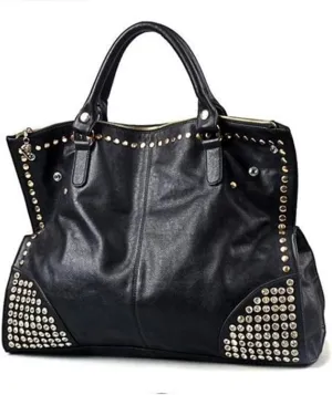 Women LadiesPunk Handbag Purse Middle Size Top Handle Shoulder Crossbody Bag Gold Rivet Satchel Tote Black