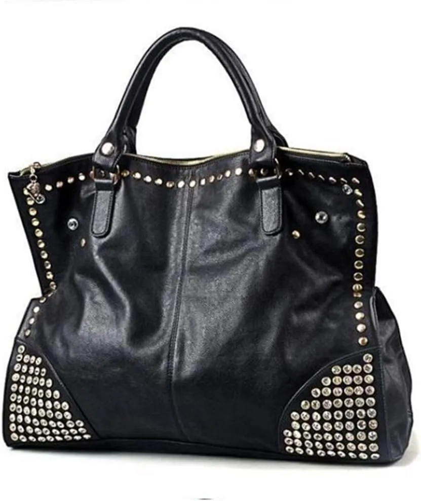 Women LadiesPunk Handbag Purse Middle Size Top Handle Shoulder Crossbody Bag Gold Rivet Satchel Tote Black