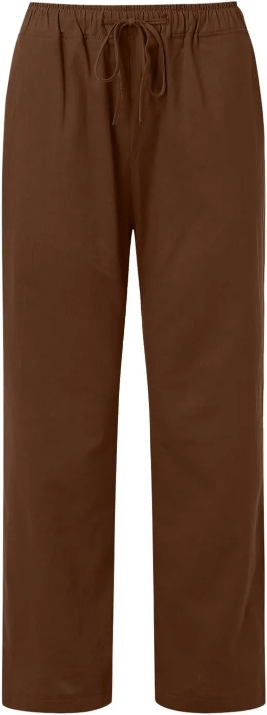 Women Linen Blend Summer Comfy Palazzo Lounge Pants Elastic Waisted Baggy Stretchy Loose Fit Pant Trousers