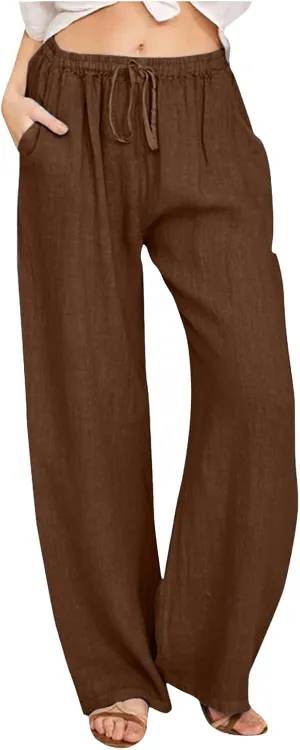 Women Linen Blend Summer Comfy Palazzo Lounge Pants Elastic Waisted Baggy Stretchy Loose Fit Pant Trousers