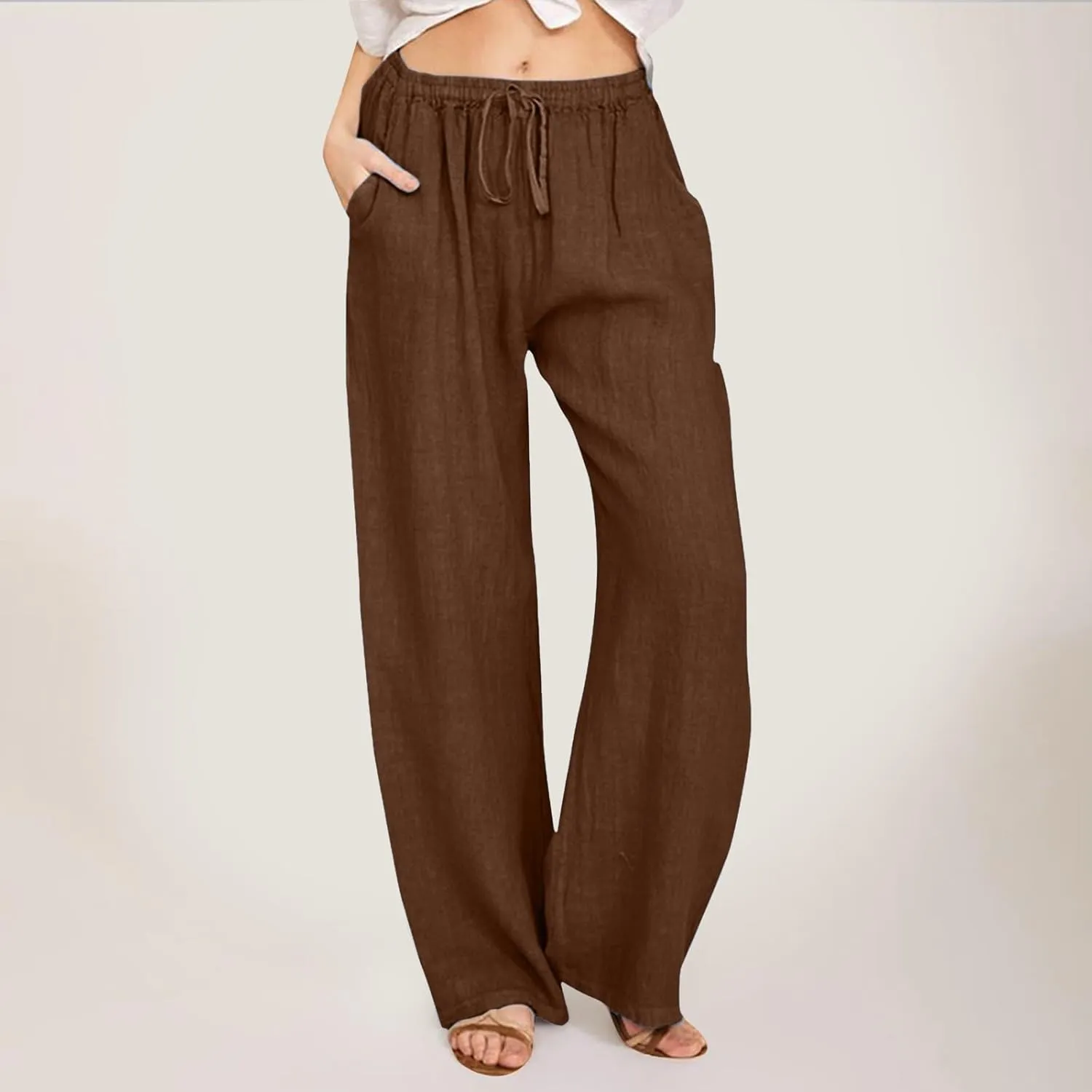 Women Linen Blend Summer Comfy Palazzo Lounge Pants Elastic Waisted Baggy Stretchy Loose Fit Pant Trousers