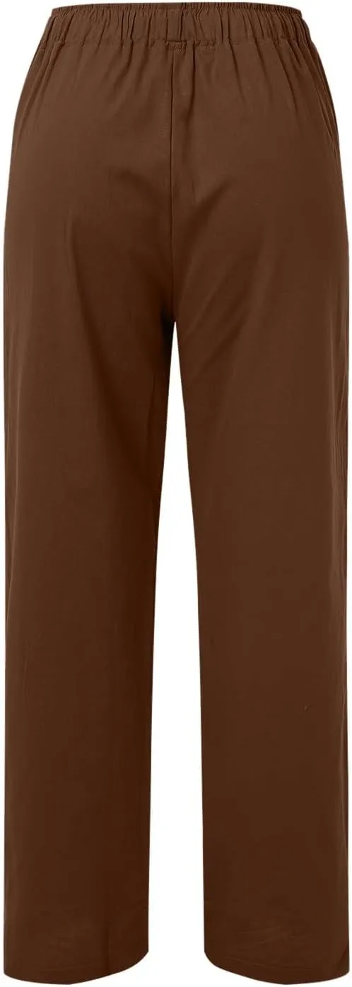 Women Linen Blend Summer Comfy Palazzo Lounge Pants Elastic Waisted Baggy Stretchy Loose Fit Pant Trousers