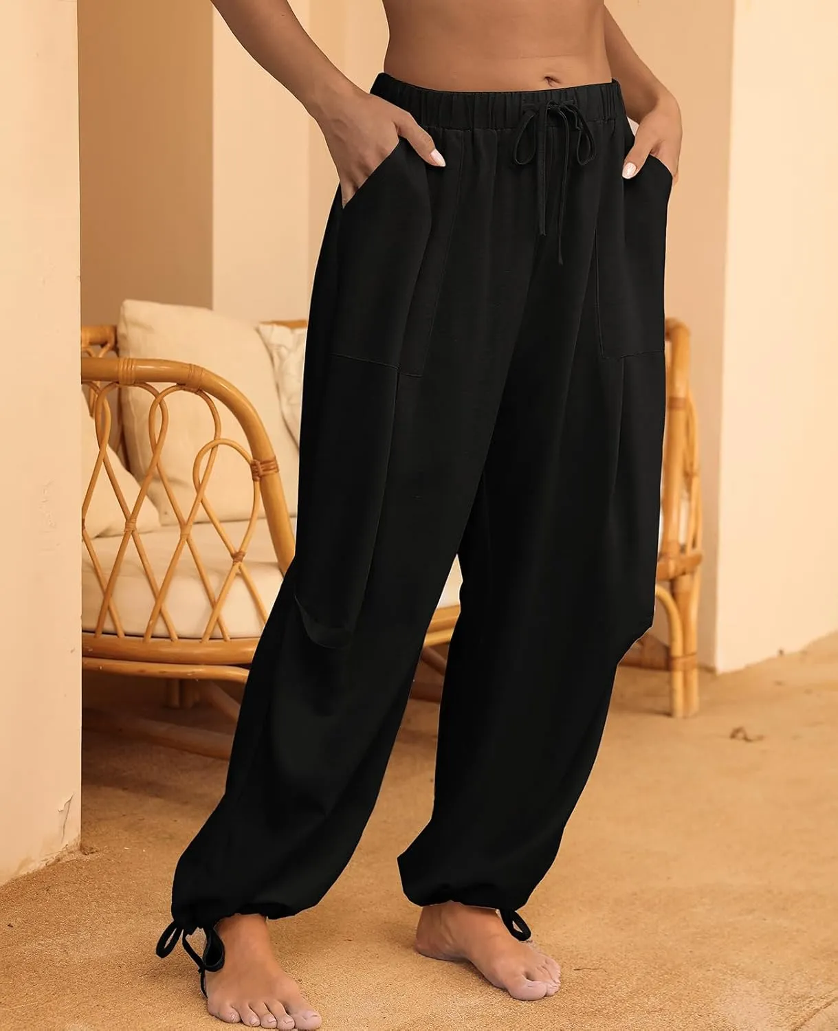 Women Linen Harem Pants Summer Drawstring Casual Lounge Baggy Pant Beach Travel Vacation Trousers with Pockets