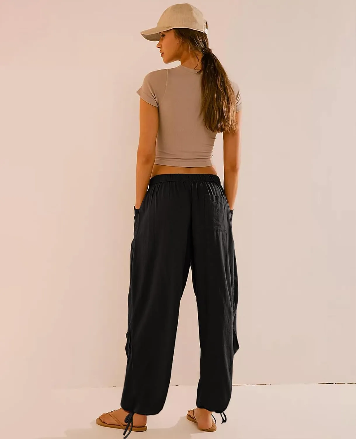 Women Linen Harem Pants Summer Drawstring Casual Lounge Baggy Pant Beach Travel Vacation Trousers with Pockets