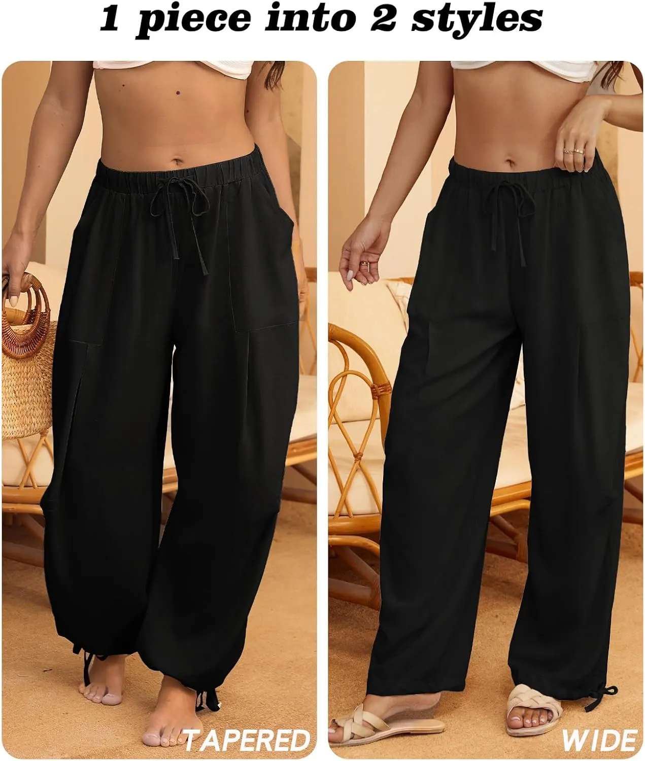 Women Linen Harem Pants Summer Drawstring Casual Lounge Baggy Pant Beach Travel Vacation Trousers with Pockets