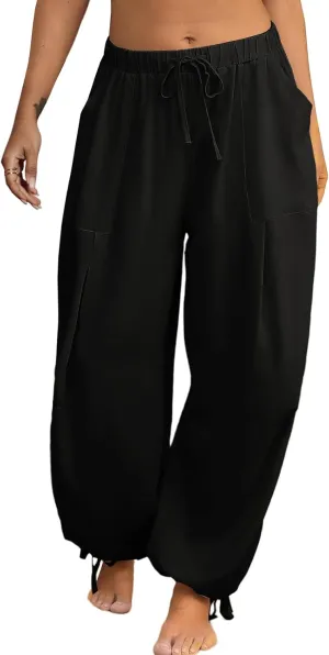 Women Linen Harem Pants Summer Drawstring Casual Lounge Baggy Pant Beach Travel Vacation Trousers with Pockets