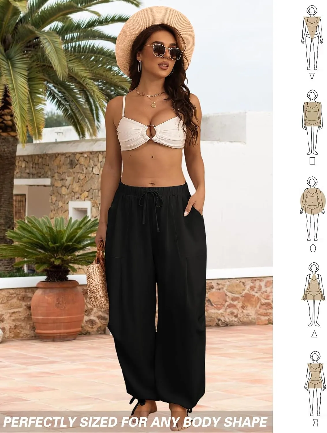 Women Linen Harem Pants Summer Drawstring Casual Lounge Baggy Pant Beach Travel Vacation Trousers with Pockets