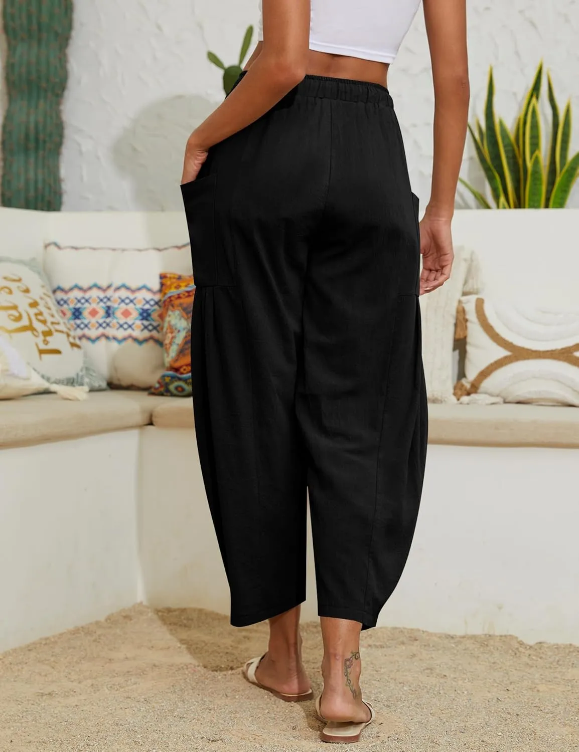 Women Linen Pants Wide Leg Boho Pants Loose Lightweigt Beach Palazzo Harem Pants with Pockets