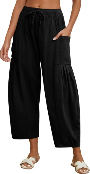 Women Linen Pants Wide Leg Boho Pants Loose Lightweigt Beach Palazzo Harem Pants with Pockets