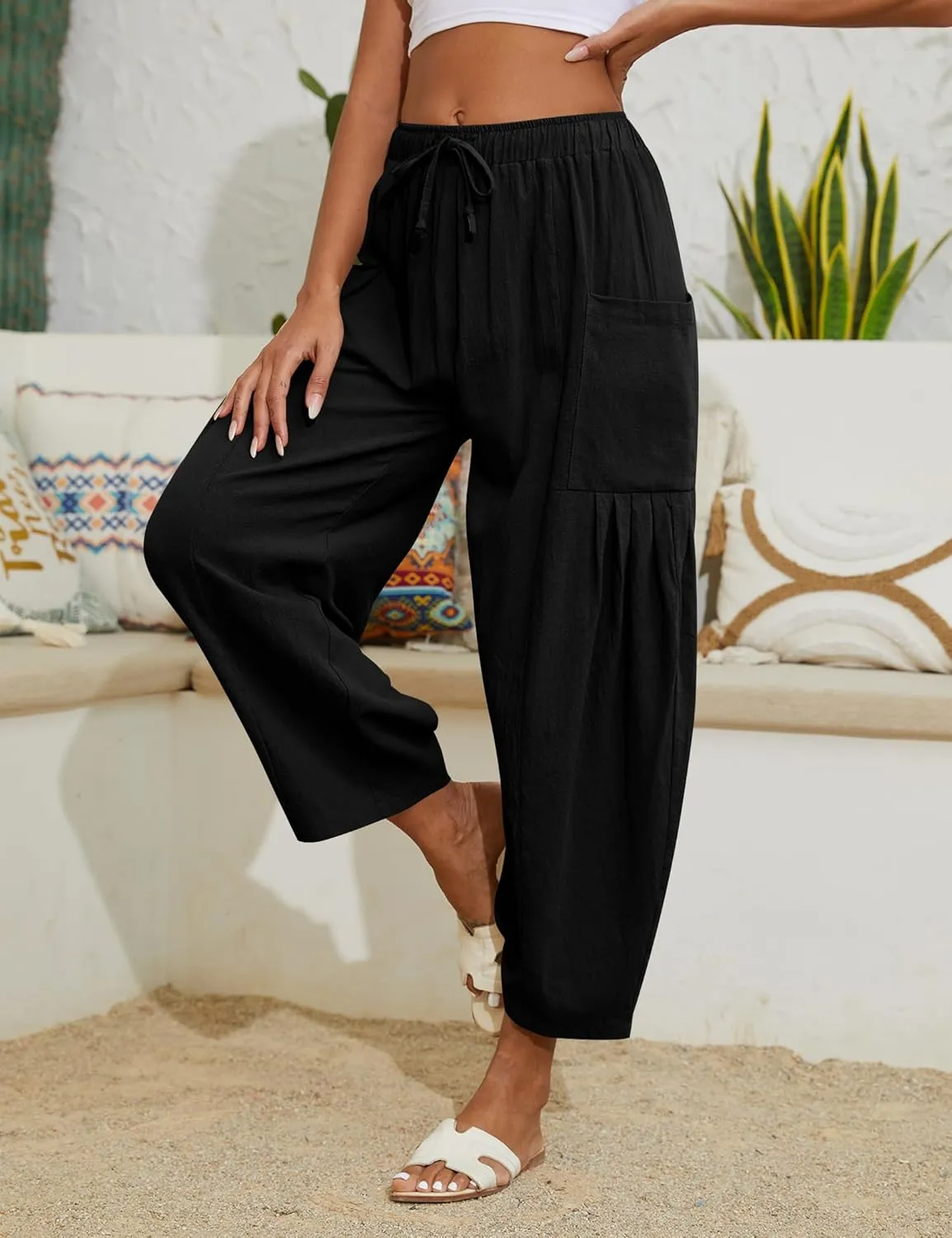Women Linen Pants Wide Leg Boho Pants Loose Lightweigt Beach Palazzo Harem Pants with Pockets