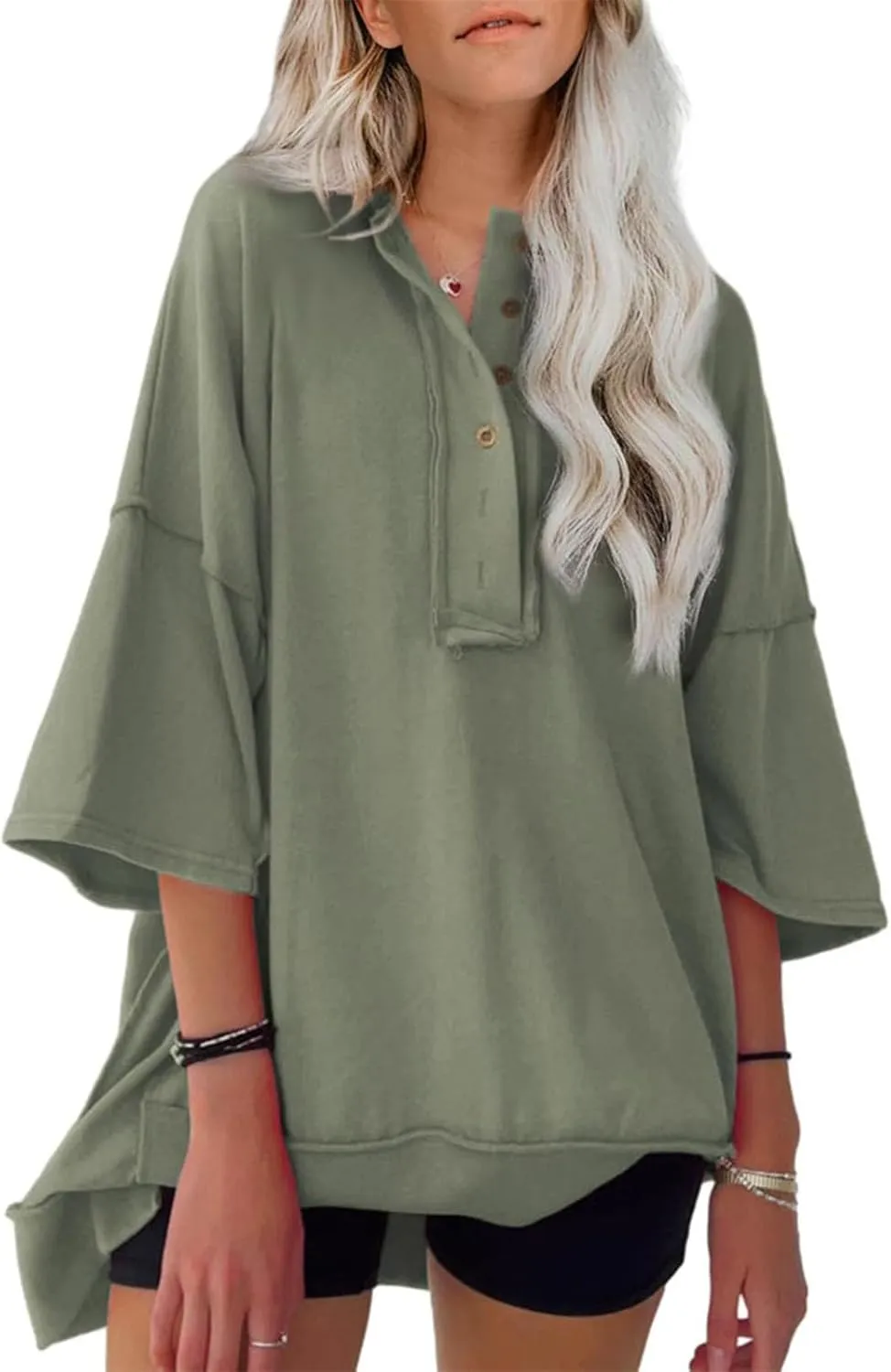 Women Oversized Button Up 3/4 Sleeve Shirts Blouses Simple Solid Color Pullover Tops Crewneck Fashion Shirt