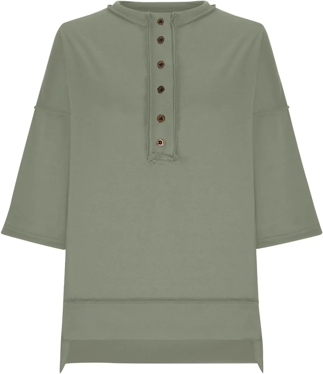 Women Oversized Button Up 3/4 Sleeve Shirts Blouses Simple Solid Color Pullover Tops Crewneck Fashion Shirt