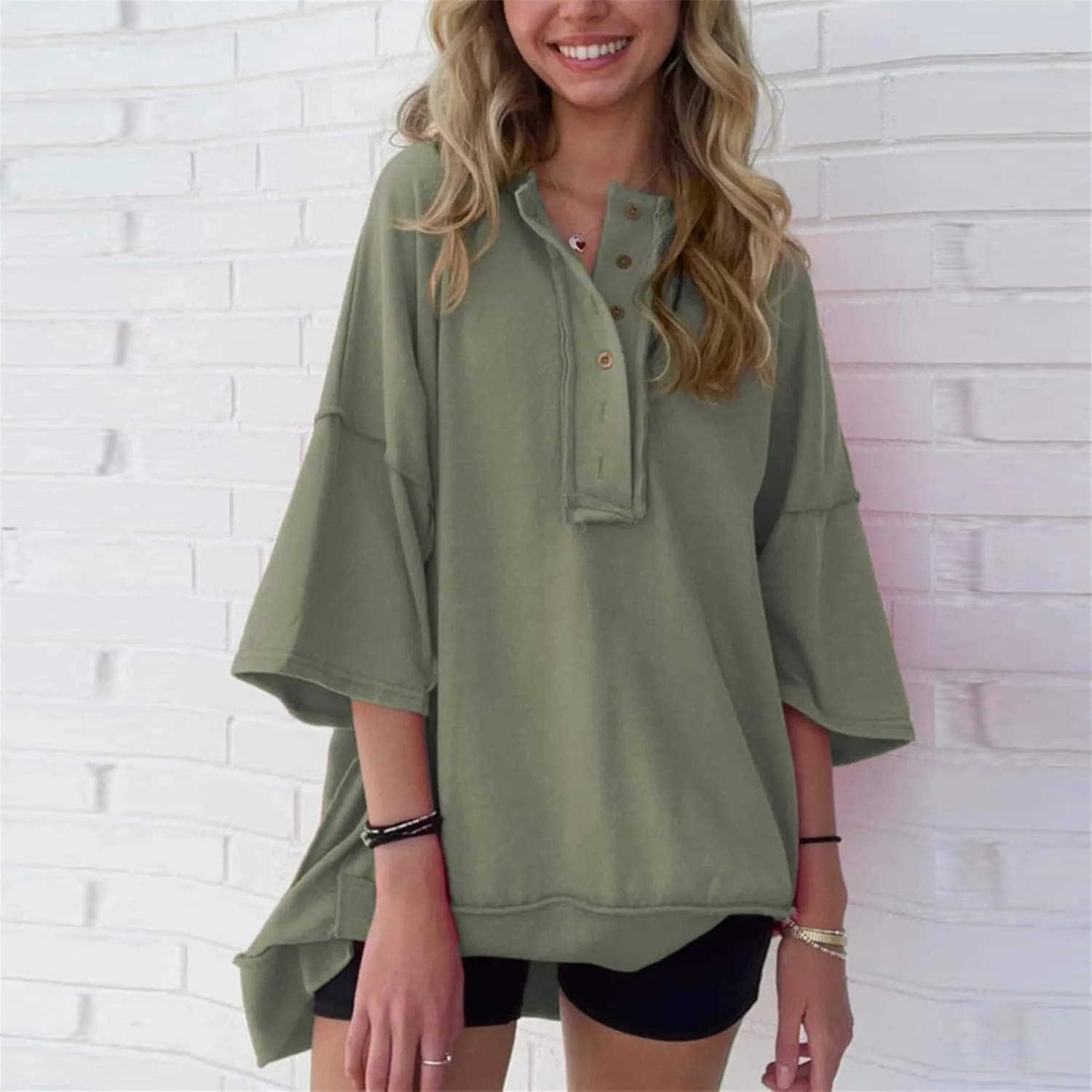 Women Oversized Button Up 3/4 Sleeve Shirts Blouses Simple Solid Color Pullover Tops Crewneck Fashion Shirt