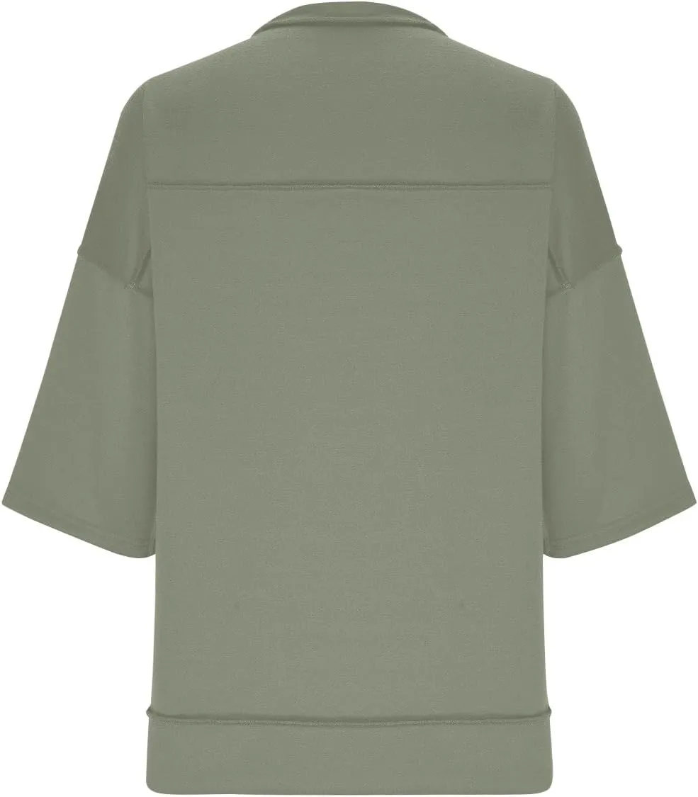 Women Oversized Button Up 3/4 Sleeve Shirts Blouses Simple Solid Color Pullover Tops Crewneck Fashion Shirt