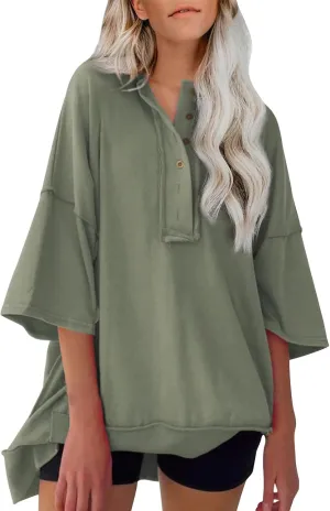 Women Oversized Button Up 3/4 Sleeve Shirts Blouses Simple Solid Color Pullover Tops Crewneck Fashion Shirt