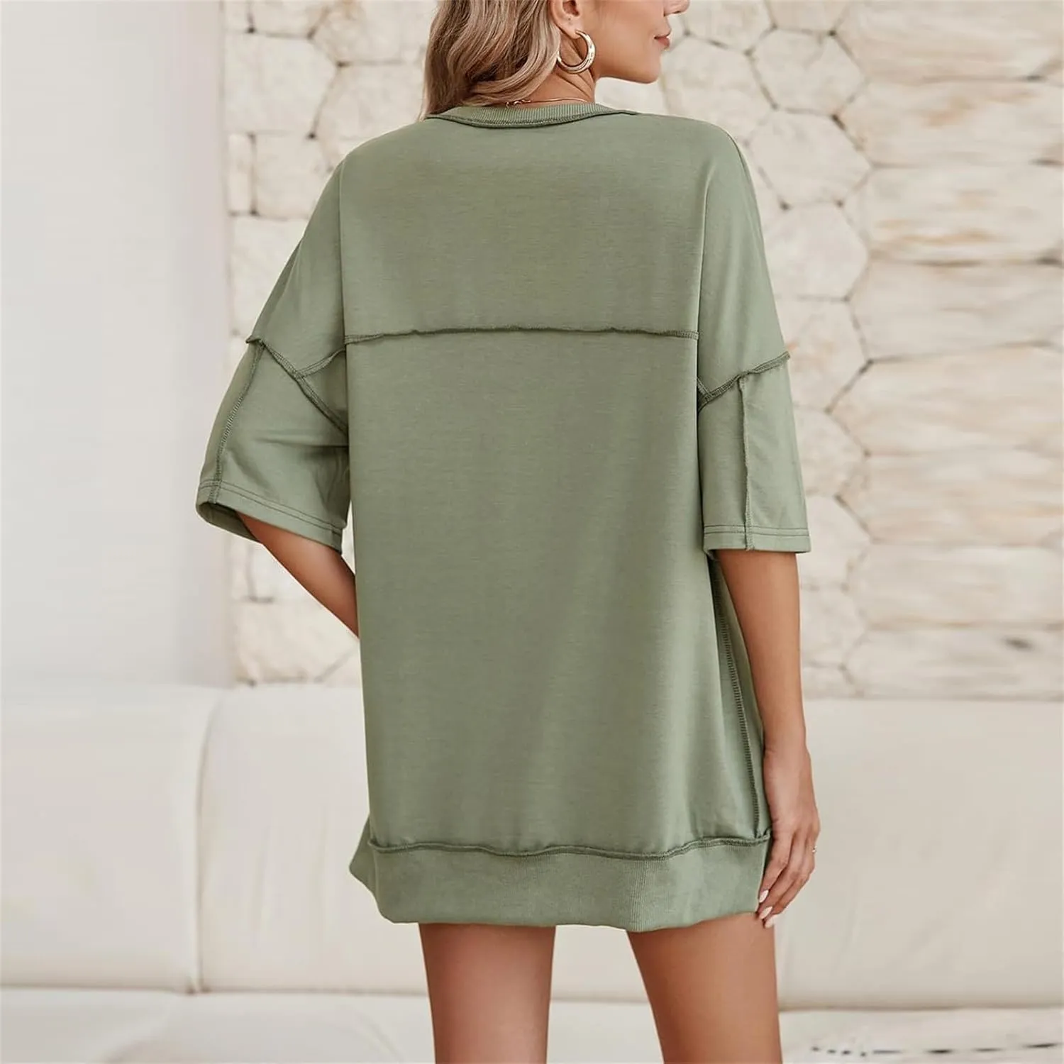 Women Oversized Button Up 3/4 Sleeve Shirts Blouses Simple Solid Color Pullover Tops Crewneck Fashion Shirt