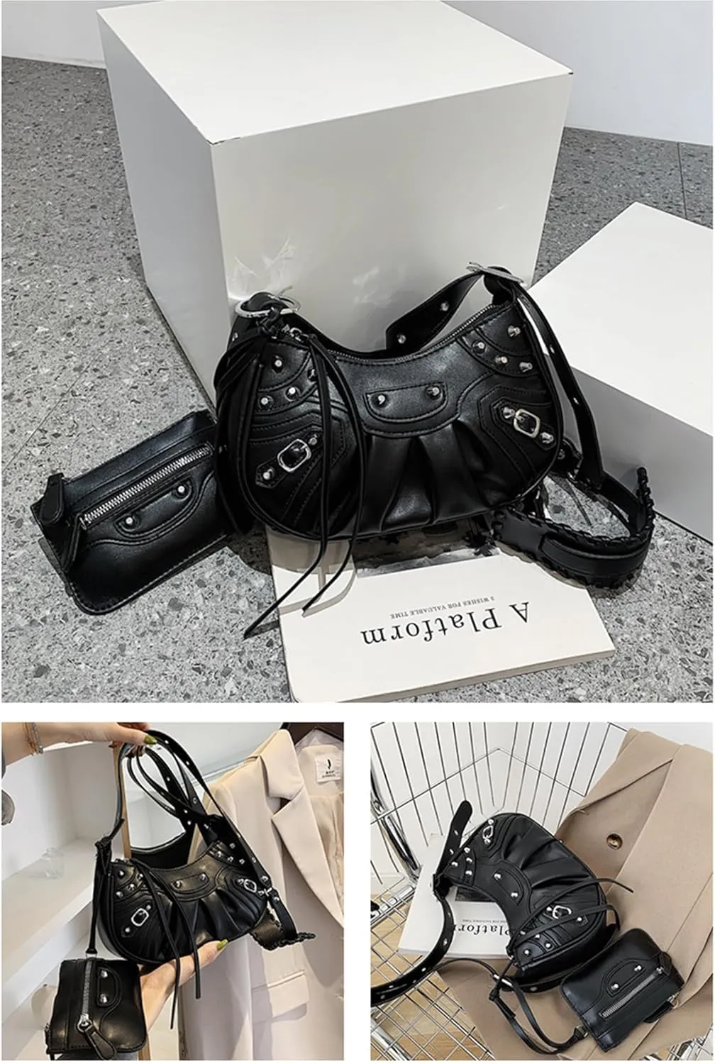 Women PU Leather Rivet Punk Crossbody Purse Retro Classic Clutch Rivet Satchel Underarm Bag Y2K Shoulder Bag