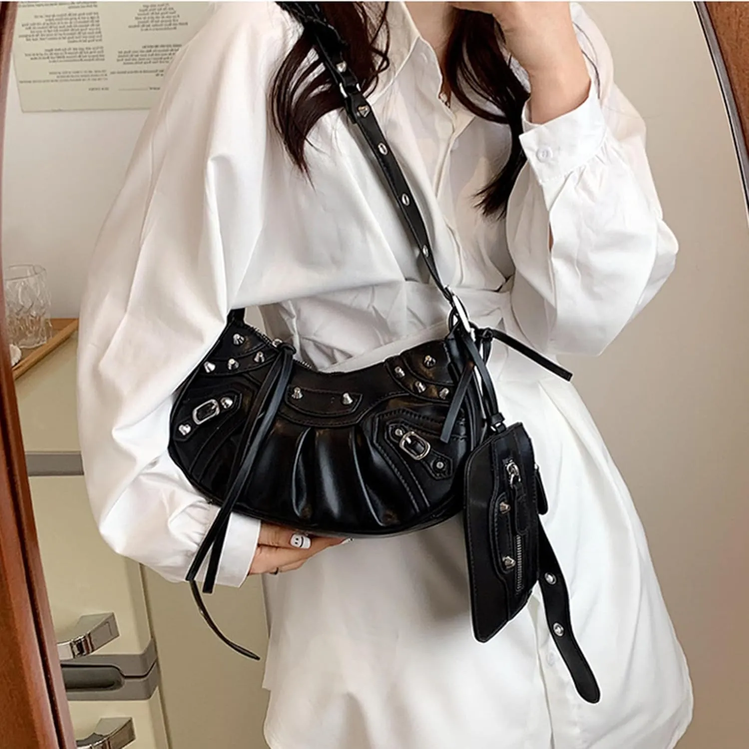 Women PU Leather Rivet Punk Crossbody Purse Retro Classic Clutch Rivet Satchel Underarm Bag Y2K Shoulder Bag