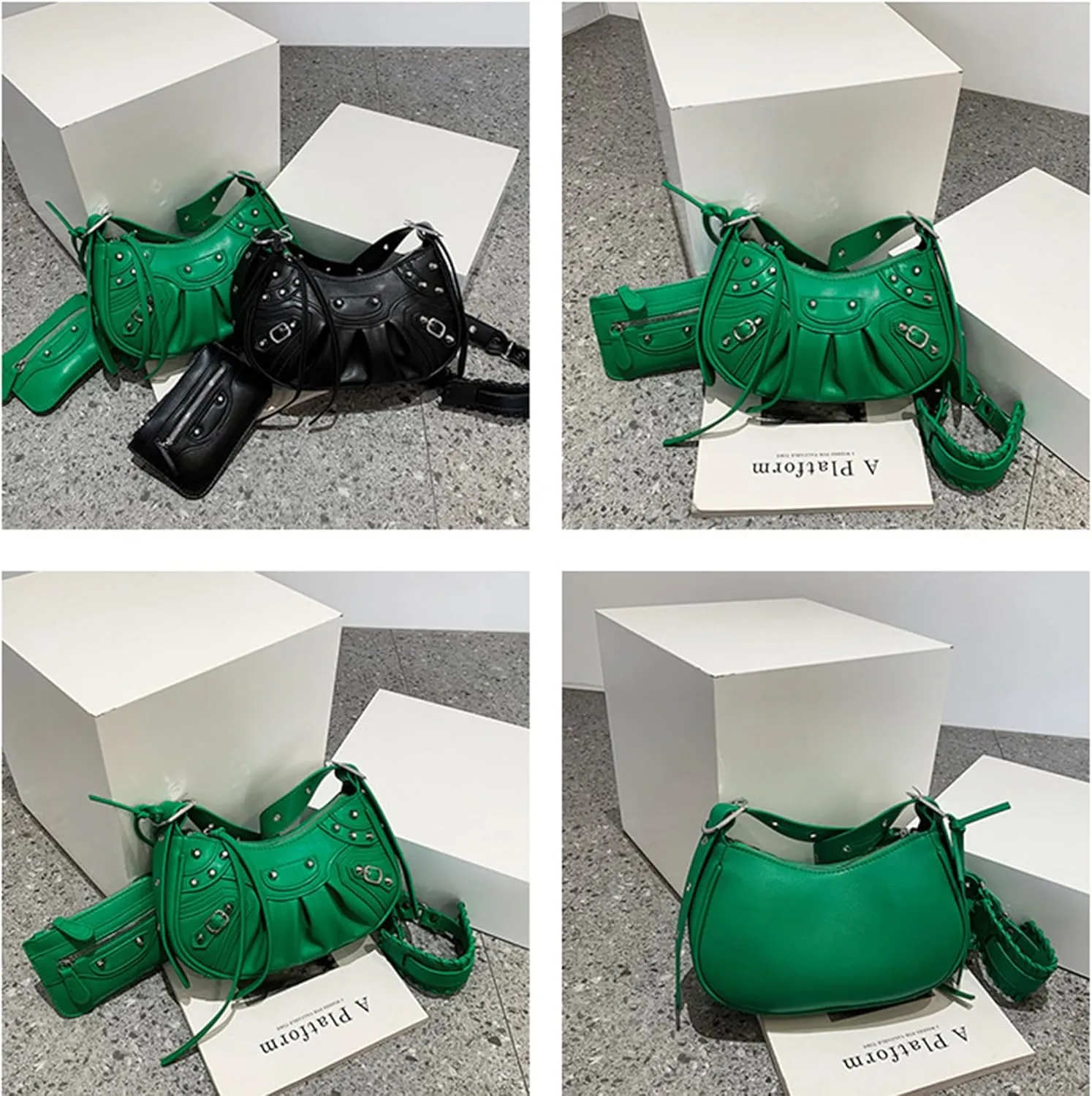 Women PU Leather Rivet Punk Crossbody Purse Retro Classic Clutch Rivet Satchel Underarm Bag Y2K Shoulder Bag