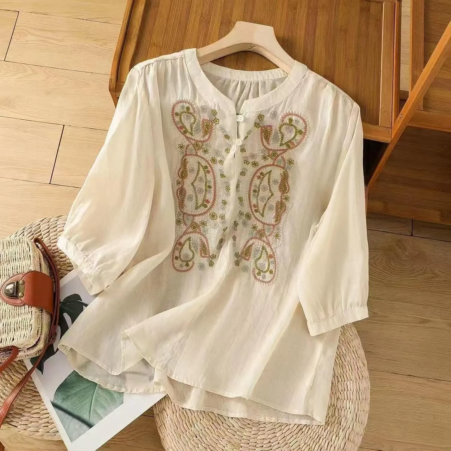 Women Short Sleeve Linen Shirt Casual V-Neck Henley T-Shirt Retro Loose Fit Summer Tee Tops