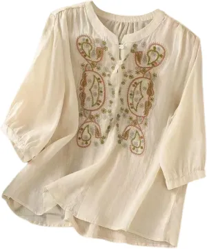 Women Short Sleeve Linen Shirt Casual V-Neck Henley T-Shirt Retro Loose Fit Summer Tee Tops