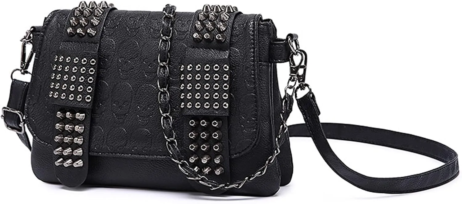Women Shoulder Crossbody Bag Punk Skull Rivet Purse, Gothic Clutch Handbags with Chain Shoulder Strap
