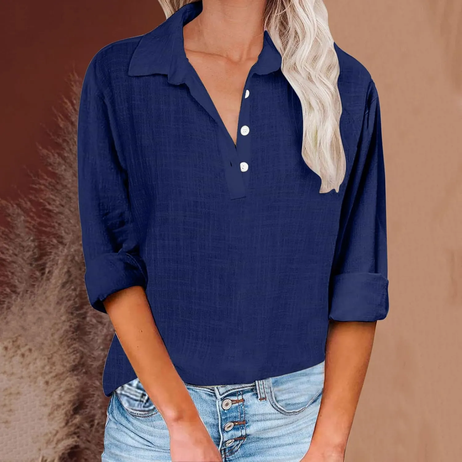 Women Solid Color Linen Shirts Long Sleeve Button V Neck Tops Office Work Tshirt Dressy Casual Fall Blouses